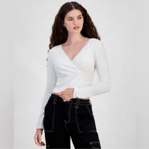 Sugar Moon Rib Knit Surplice Top Snow White S NWT Long Sleeve Wrap Style